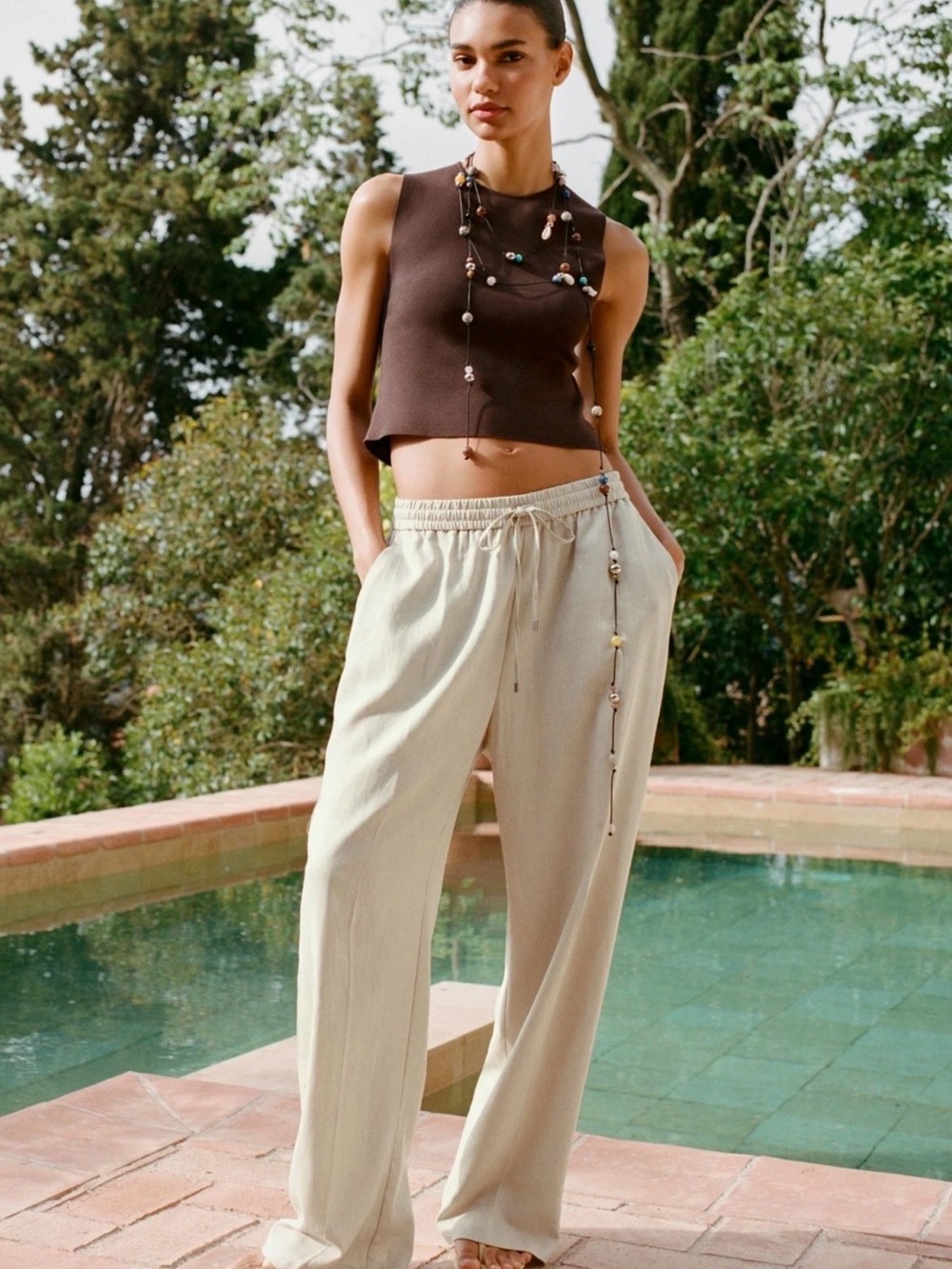 Zara Beige Linen Drawstring Pants